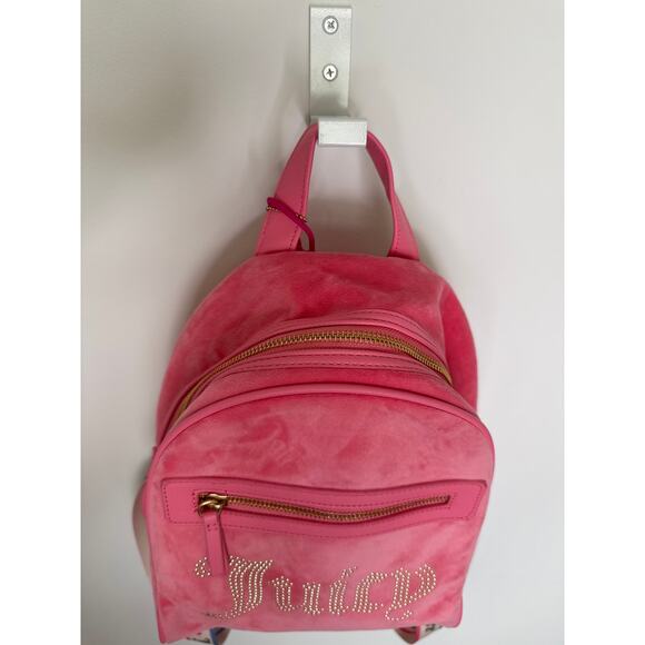Juicy Couture Pink Velour Rhinestone Logo Backpack with Juicy heart lego charm - Picture 8 of 16